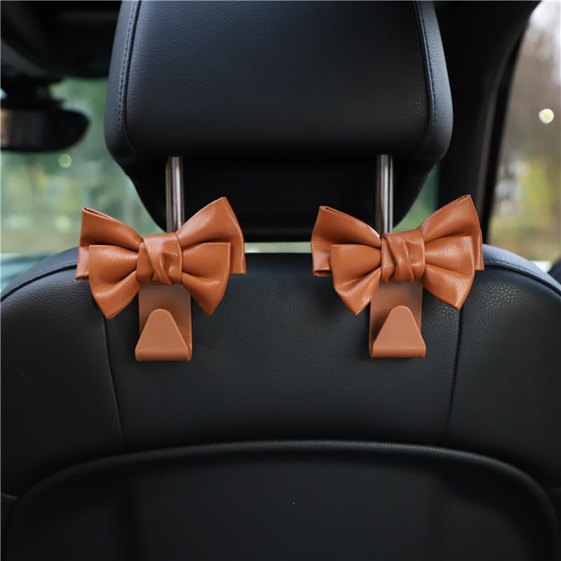 LIFOPY 2 Pack Car Purse Hooks, Cute Bow Car Seat Headrest Hook Hanger for Purses and Bags, Space-Saving Car Accessory(brown) - Image 1